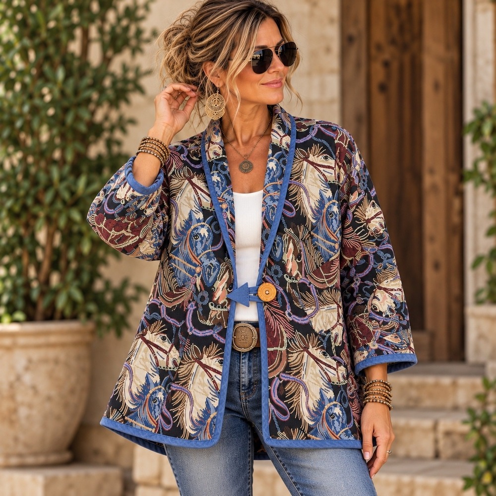 Life Style Tapestry Jacket Western Horse Print Equestrian Vintage Women's XL